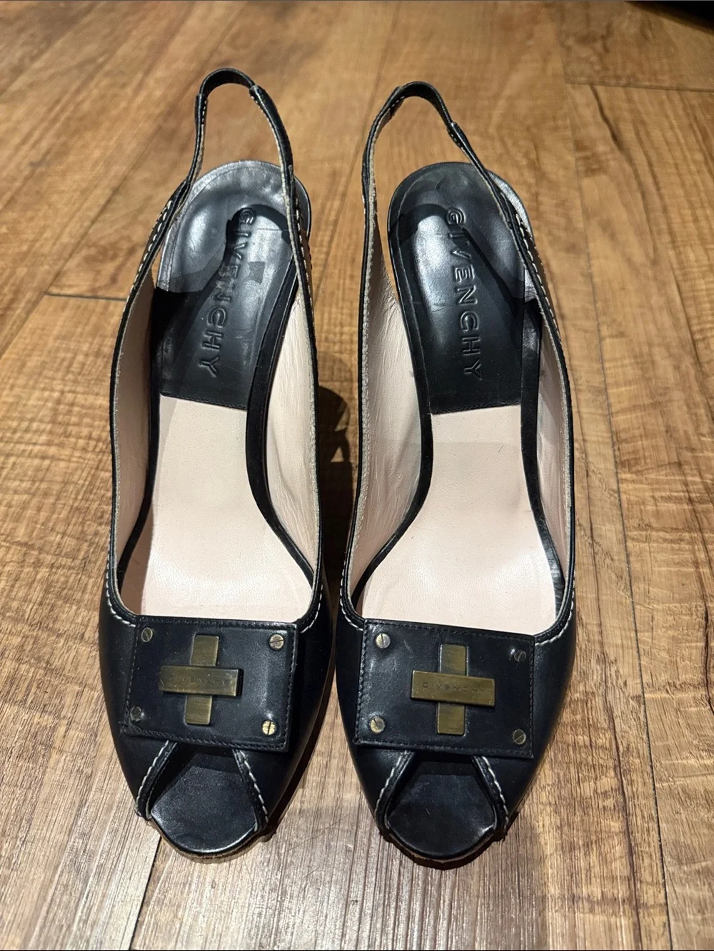 Givenchy Black Leather Slingback Heels with Gold Cross Accents